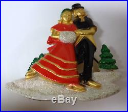 Vintage Signed AJC Ice Skating Couple Around Christmas Tree Enamel Pin Brooch