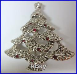 Vintage Signed AVON Christmas Tree Silver Tone Red Rhinestone Pin Brooch