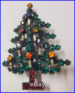 Vintage Signed Austria Christmas Tree Enamel Color Rhinestone Candle Pin Brooch