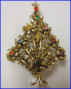 Vintage Signed Beatrix Rhinestone Gold Tone Christmas Tree Pin Brooch Super Rare