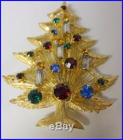 Vintage Signed Brooks Christmas Tree Color Rhinestone Pin Brooch RARE