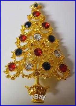 Vintage Signed Christopher Radko Rhinestone Gold Tone Christmas Tree Pin Brooch