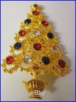 Vintage Signed Christopher Radko Rhinestone Gold Tone Christmas Tree Pin Brooch