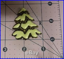 Vintage Signed JJ Brass Tone Glitter White Snow Christmas Tree Pin Brooch RARE