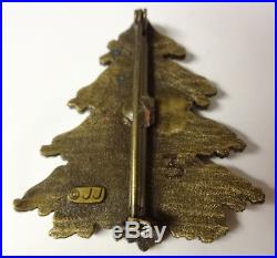 Vintage Signed JJ Brass Tone Glitter White Snow Christmas Tree Pin Brooch RARE