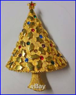 Vintage Signed JJ Rhinestone Gold Tone Christmas Tree Pin Brooch RARE