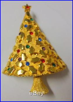 Vintage Signed JJ Rhinestone Gold Tone Christmas Tree Pin Brooch RARE