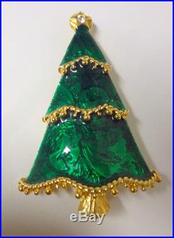 Vintage Signed LIA Christmas Tree Enamel Clear Rhinestone Star Pin Brooch RARE