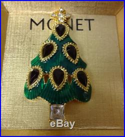 Vintage Signed MONET Christmas Tree Enamel Color Rhinestone Pin Brooch Origl Box