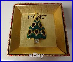 Vintage Signed MONET Christmas Tree Enamel Color Rhinestone Pin Brooch Origl Box