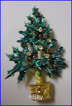 Vintage Signed MYLU Rhinestone Gold Tone Christmas Tree Pin Brooch