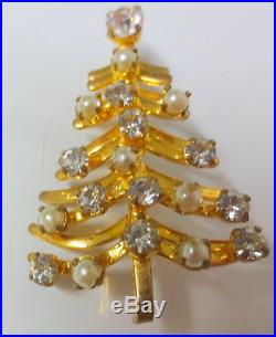 Vintage Signed Made in Austria Christmas Tree Pearls Rhinestone Pin Brooch RARE