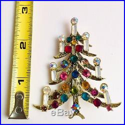 Vintage Signed WEISS Estate Christmas Tree Brooch Pin Multi Colored Rhinestones