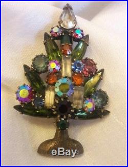 Vintage Signed Weiss Christmas Tree Brooch 3 Candle Rhinestones