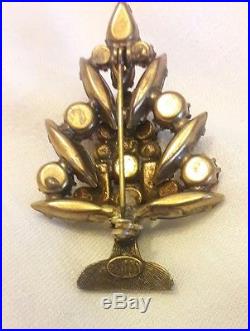 Vintage Signed Weiss Christmas Tree Brooch 3 Candle Rhinestones