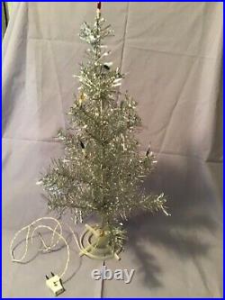 Vintage Silver Lighted Table Top Christmas Tree W Plastic Stand Italy