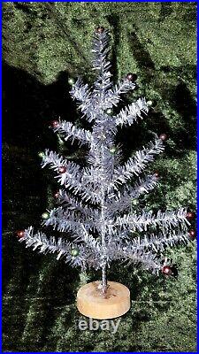 Vintage Silver Tinsel Table Top Feather Christmas Tree 13.5 Glass Ornaments