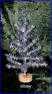 Vintage Silver Tinsel Table Top Feather Christmas Tree 13.5 Glass Ornaments