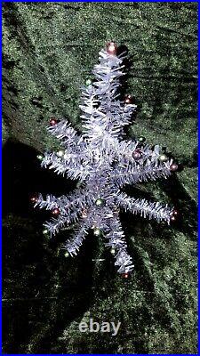 Vintage Silver Tinsel Table Top Feather Christmas Tree 13.5 Glass Ornaments
