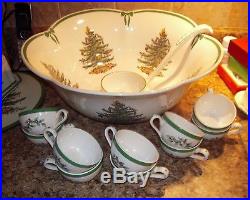 Vintage Spode Christmas Tree Punch Bowl 10 Cups And Ladle. (rare)