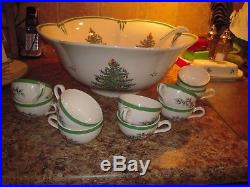 Vintage Spode Christmas Tree Punch Bowl 10 Cups And Ladle. (rare)
