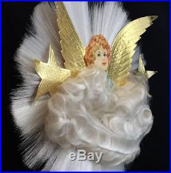 Vintage Spun Glass ANGEL Hair CHRISTMAS Tree Topper Embossed Foil Wings Stars