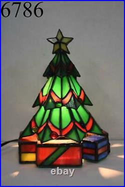 Vintage Stained Leaded Glass Christmas Tree With Presents Light Lamp Tiffany Style