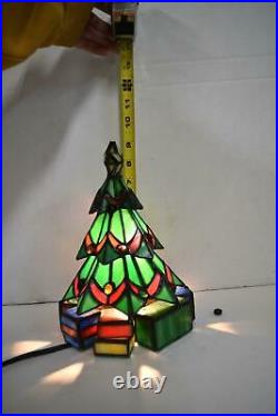 Vintage Stained Leaded Glass Christmas Tree With Presents Light Lamp Tiffany Style