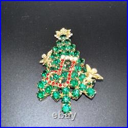 Vintage Unsigned ATTRUIA Christmas Tree Pin Green Red Cl Rhinestones Cherubs