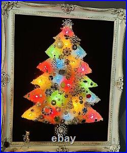 Vintage Uranium Glass Vintage Jewelry Christmas Tree Picture Withlights OOAK