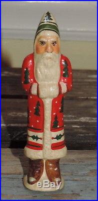 Vintage Vaillancourt Folk Art 4 Santa in Red Coat With Christmas Trees #55