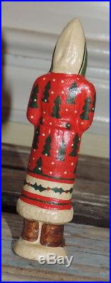 Vintage Vaillancourt Folk Art 4 Santa in Red Coat With Christmas Trees #55