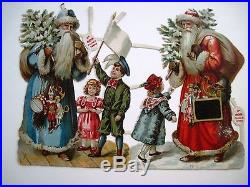 Vintage Victorian Antique Christmas Die-Cut with Two Santa's, Trees & Toys
