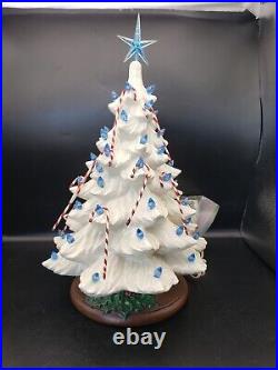 Vintage WHITE 15 Ceramic CHRISTMAS TREE blue lights Mid-Century Holly Base