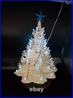 Vintage WHITE 15 Ceramic CHRISTMAS TREE blue lights Mid-Century Holly Base