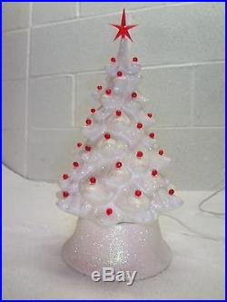 Vintage WHITE GLITTER CHRISTMAS TREE w RED 1956 MALLORY CERAMIC STUDIO JAMAR