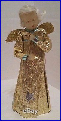 Vintage Wax Angel Christmas Tree Topper Ornaments German Gold Foil Dresses Wings
