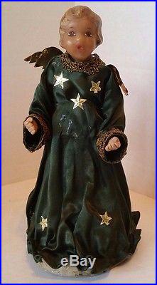 Vintage Wax Angel Christmas Tree Toppers German Matching Dresses Gold Foil Wings