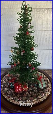 Vintage Westrim Beaded Lighted Mini Christmas Tree with Glass Dome & Lot Ornaments