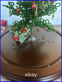 Vintage Westrim Beaded Lighted Mini Christmas Tree with Glass Dome & Lot Ornaments