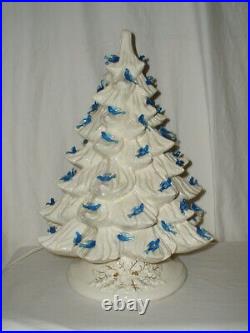 Vintage White 16 1/2 Ceramic Lit Christmas Tree with56 Bluebirds Works