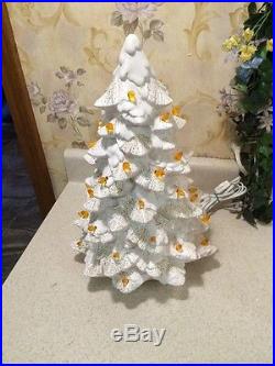 Vintage White Ceramic Christmas Tree 16 Gold Glitter Flakes Orange Yellow Light