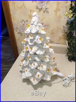 Vintage White Ceramic Christmas Tree 16 Gold Glitter Flakes Orange Yellow Light