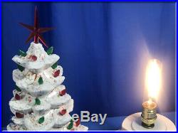 Vintage White Ceramic Christmas Tree 17 Inch Green & Red Bulbs & Doves No Music