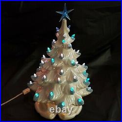 Vintage White Ceramic Christmas Tree Atomic Mold Iridescent Paint Blue Lights 19