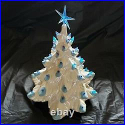 Vintage White Ceramic Christmas Tree Atomic Mold Iridescent Paint Blue Lights 19