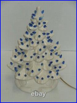 Vintage White Ceramic Christmas Tree With Base Blue Bulbs 17 Works Please Read