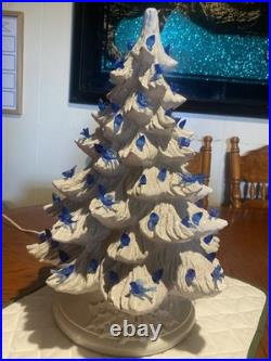 Vintage White Ceramic Christmas Tree with Blue Birds Base & Bulb 16.5 PA 87 Nice