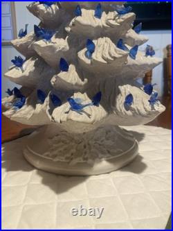 Vintage White Ceramic Christmas Tree with Blue Birds Base & Bulb 16.5 PA 87 Nice