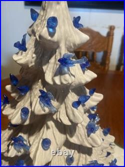 Vintage White Ceramic Christmas Tree with Blue Birds Base & Bulb 16.5 PA 87 Nice